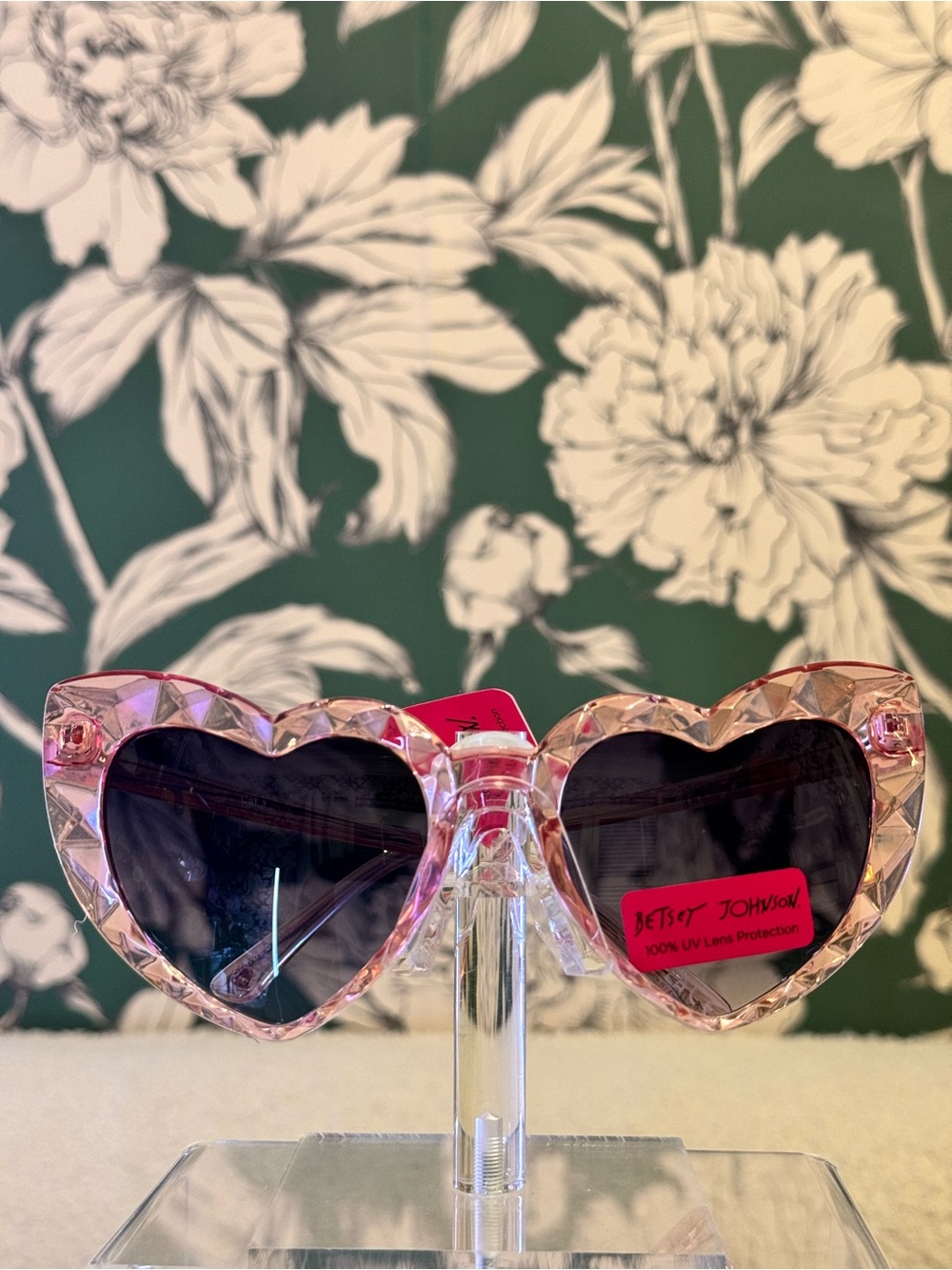 Betsey Johnson Pink Faceted Heart Sunglasses with Dark Lenses